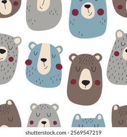 Seamless pattern with cute bear faces. Texture for fabric, baby clothes, wrapping paper and scrapbooking. Repetitive design with wild bears.