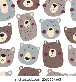 Seamless pattern with cute bear faces. Repetitive design for fabric, notepads, baby clothes and wrapping paper.	