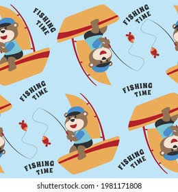 Seamless pattern with cute bear fishing on sailboat. Cute Marine pattern for fabric, baby clothes, background, textile, wrapping paper and other decoration.