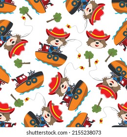 Seamless pattern with cute bear fishing on sailboat. Cute Marine pattern for fabric, baby clothes, background, textile, wrapping paper and other decoration.