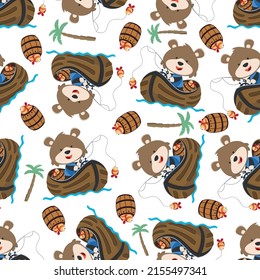 Seamless pattern with cute bear fishing on sailboat. Cute Marine pattern for fabric, baby clothes, background, textile, wrapping paper and other decoration.