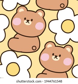 Seamless pattern of cute bear with flower on yellow background.Animal cartoon character design.Wallpaper.Image for kid wear.Banner.Sticker.Graphic design.Teddy.Vector.Illustration.