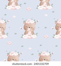 Seamless Pattern Cute Bear with Flower Leaves and Butterflies