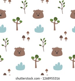 Seamless pattern with cute bear and forest, print for kids. Vector illustration.