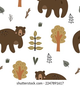 Seamless pattern with cute bear in the forest in scandinavian style. Vector hand drawn illustration for your design.