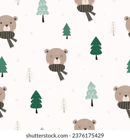 Seamless pattern with cute bear and forest. Winter background. Vector illustration, for print, textile, wallpaper, poster, wrapping paper