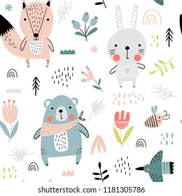 Seamless pattern with cute bear, fox and hare in Scandinavian style. Vector funny illustration for children.