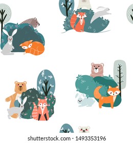 Seamless pattern with cute bear, fox, hare and rabbit on a background of plants. Illustration hand drawn in scandinavian style.