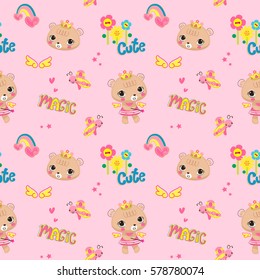 Seamless pattern, Cute bear girl wearing flower crown with a magic wand stars isolate on pink background illustration vector.