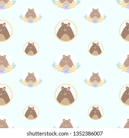 Seamless pattern with cute bear and hand drawn floral elements. Creative nursery background. Perfect for kids design, fabric, wrapping, wallpaper, textile, apparel