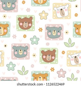 Seamless pattern with cute bear head on dotted stickers with flowers and leaves on white background. Vector illustration for children.