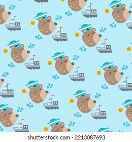 Seamless pattern with cute bear heads and boats perfect for wrapping paper