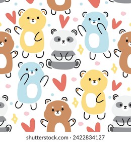 Patrón sin foco de oso lindo con el corazón varias poses en línea estilo dibujado a mano sobre fondo blanco. Diseño de dibujos animados de carácter animal salvaje. Teddy.Minimal.Kawaii.Vector.Ilustración.