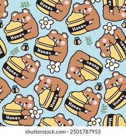 Seamless pattern of cute bear hold honey jar with bee and flower leaf on background.Wild animal cartoon character design.Image for card,poster,baby clothing.Kawaii.Vector.Illustration.