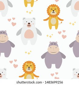 Seamless pattern with cute bear, lion, and hippo character