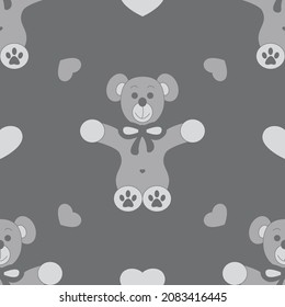 Seamless pattern. Cute bear and little hearts. Color grey. Vector illustration.