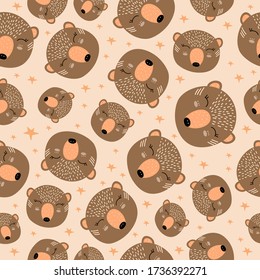 Seamless pattern with a cute bear on a pink background. Vector illustration with a bear. Doodle style. Design of packaging paper, fabrics, and clothing. Wild bear. Children's print. Children's pattern