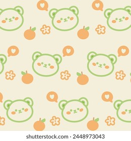 Seamless pattern with cute bear and orange on soft yellow background