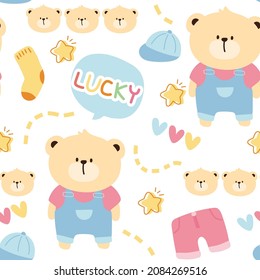 Seamless pattern of cute bear in overalls cartoon on white background.Heart,star,lucky,cap,sock .Image for apparel,fabric,textile,