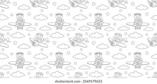 Seamless pattern with cute bear pilot on airplane, outline hand drawn illustration on white background