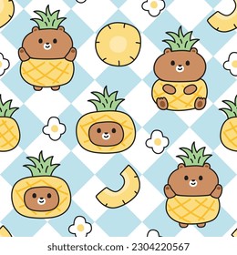 Seamless pattern of cute bear in pineapple costume with flower on blue and white background.Summer fruit.Wild animal.Kawaii.Vector.Illustration.