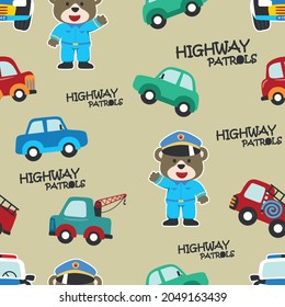 Seamless pattern of cute bear police patrol on highway. Can be used for t-shirt print, kids wear, Creative vector childish background for fabric, textile, nursery wallpaper, and other decoration.