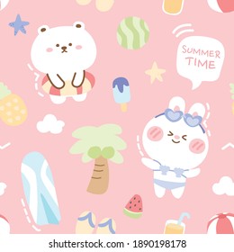 Seamless Pattern Of Cute Bear And Rabbit On Pink Background.Summer Concept.Animal Character Design.Kawaii.Wallpaper.Vector.Illustratiion.