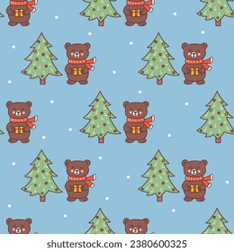 Seamless pattern with cute bear in red scarf holding gift box and Christmas tree on blue background. Snowing. Colorful vector illustration hand drawn doodle. Festive mood. Wild forest animal