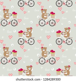 Seamless pattern of cute bear ride a bike in Valentine background.