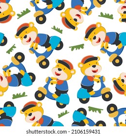 Seamless pattern of cute bear riding a scooter. Funny vector illustration. Creative vector childish background for fabric textile, nursery wallpaper, brochure. and other decoration.