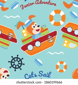 Seamless pattern with cute bear sailor, steering wheel and lifebuoy. Cute Marine pattern for fabric, baby clothes, background, textile, wrapping paper and other decoration.