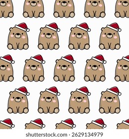 Seamless pattern of a cute bear in a Santa hat. Ideal for Christmas wrapping paper, winter pajamas, and holiday designs.

