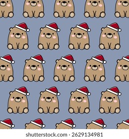 Seamless pattern of a cute bear in a Santa hat. Ideal for Christmas wrapping paper, winter pajamas, and holiday designs.

