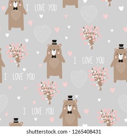 Seamless pattern with cute bear in Scandinavian style. For print. Hand-drawn. Valentine's day.