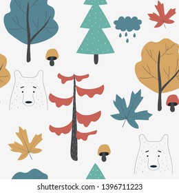 Seamless pattern with cute bear in Scandinavian style. Vector design.