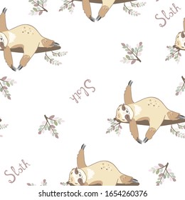 Seamless pattern cute bear sloth. Sloth lies on a branch of a vector illustration for printing on textile, paper, packaging, wallpaper.