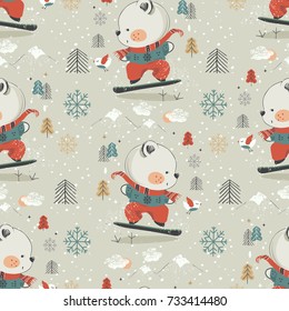 Seamless Pattern  of Cute Bear snowboarding.hand drawn vector illustration,Can be used for baby t-shirt print, fashion print design, kids wear, shower celebration greeting and invitation card.