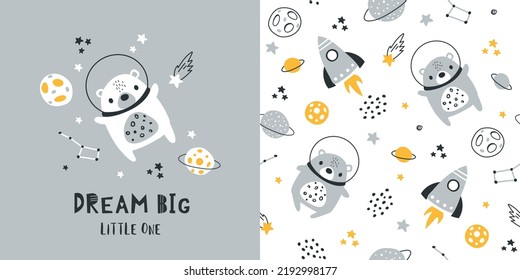  seamless pattern with cute bear in space,  vector background. Perfect for fabric, childish textile, kids bedding, wallpaper, sleepwear. Scandinavian style.