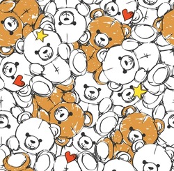 Seamless Pattern  Of Cute Bear Toy Hand Sketch Vector Illustration