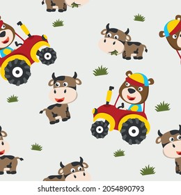 seamless pattern of Cute bear and tractor in the farm, Creative vector childish background for fabric textile, nursery, baby clothes, wrapping paper and other decoration.