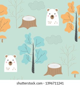 Seamless pattern with cute bear and trees in Scandinavian style. Vector design.