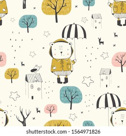 Seamless pattern.  Cute bear with umbrella in the autumn forest. Hand drawn vector illustration.