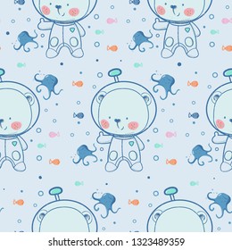 Seamless pattern with cute bear in  undersea world. Vector Illustration 
