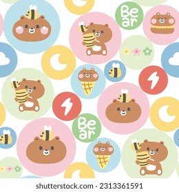 Seamless pattern of cute bear with various icon in circle on white background.Wild animal character design.Moon,bee,macaron,ice cream,honey hand drawn.Kawaii.Vector.Illustration.