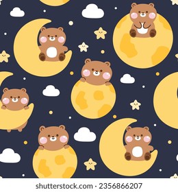 Seamless pattern of cute bear in various poses with moon cloud and star on night sky background.Wild animal charatcer cartoon design.Image for card,poster,baby clothing.Kawaii.Vector.Illustration.