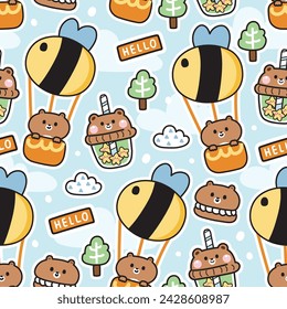 Seamless pattern of cute bear in various character cartoon background.Teddy stay on bee balloon.Bubble milk tea.Macaron.Cloud,tree,sky hand drawn.Wild animal.Kawaii.Vector.Illustration.