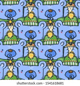 Seamless pattern with cute bear in warm winter clothes with cup of hot drink. Vector season doodle illustration. Scarf, hat and woolen socks.