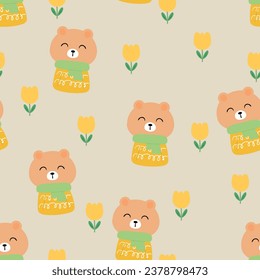 Seamless pattern of cute bear wearing a scarf for fabric print, textile, gift wrapping paper. colorful vector for children, flat style