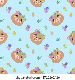 Patrón sin inconvenientes con un oso lindo con flores de flores en estilo de caricatura. Ilustración del vector