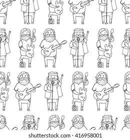 Seamless pattern with cute bearded men from a rock band. Vector illustration